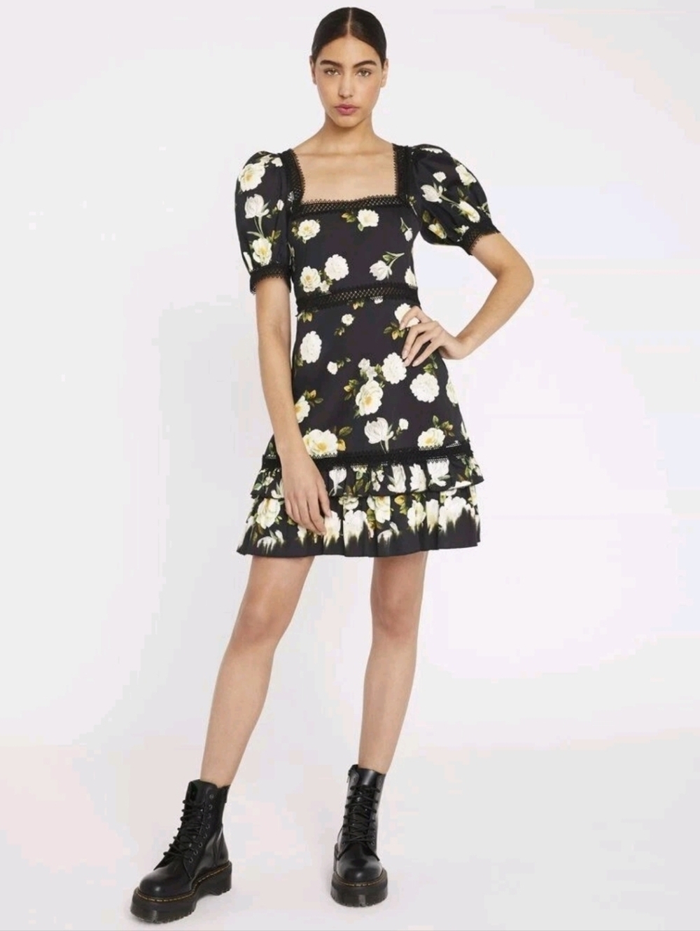Alice + Olivia Wylie Black Flora Mini Dress in size 4 Like New Condition - Picture 4 of 9